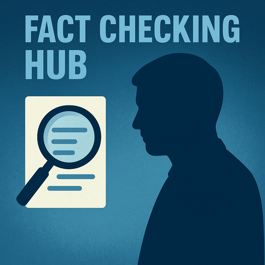 Abstract blue silhouette with a magnifying glass examining a document under the words Fact Checking Hub for Rupert Lowe Facts.