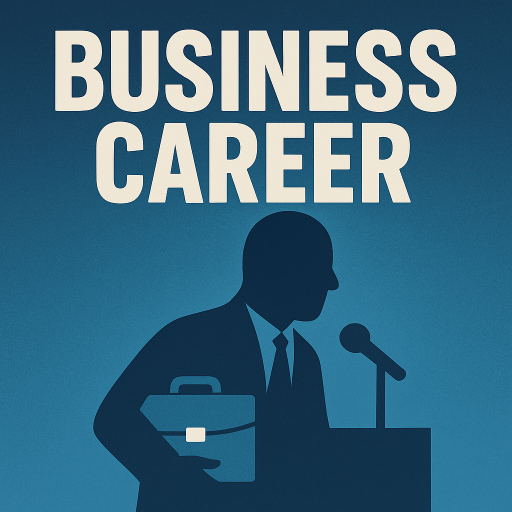 Abstract blue silhouette holding a briefcase beneath the text Business Career for Rupert Lowe Facts