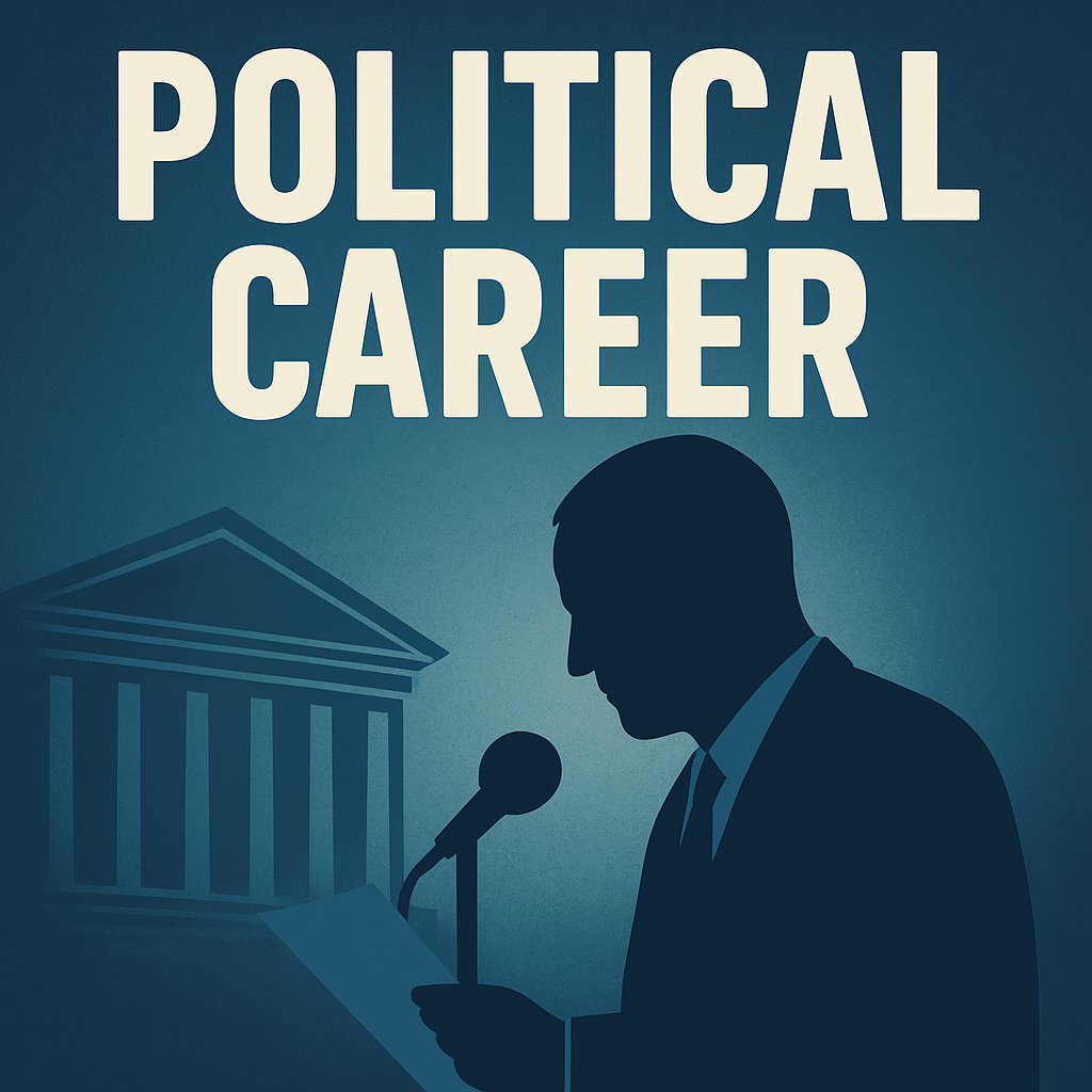 Abstract blue silhouette speaking at a microphone beneath the text Political Career for Rupert Lowe Facts